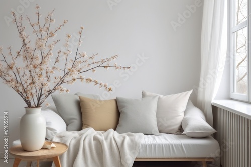 Stylish scandinavian living room with vase and blooming cherry plum tree branches. Springtime home decor. Elegant interior with comfy sofa, cushions and blanket. White wall, Generative AI
