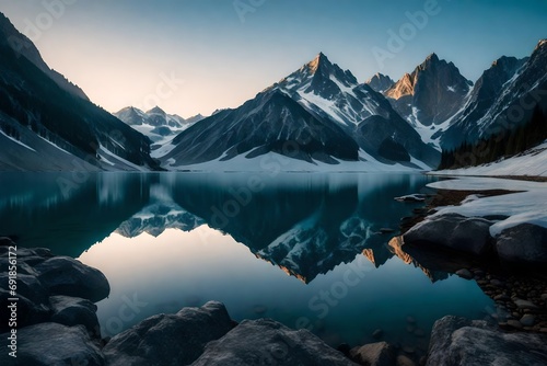 A majestic mountain range reflected perfectly in the calm, crystal-clear waters of a serene alpine lake at dawn. photo