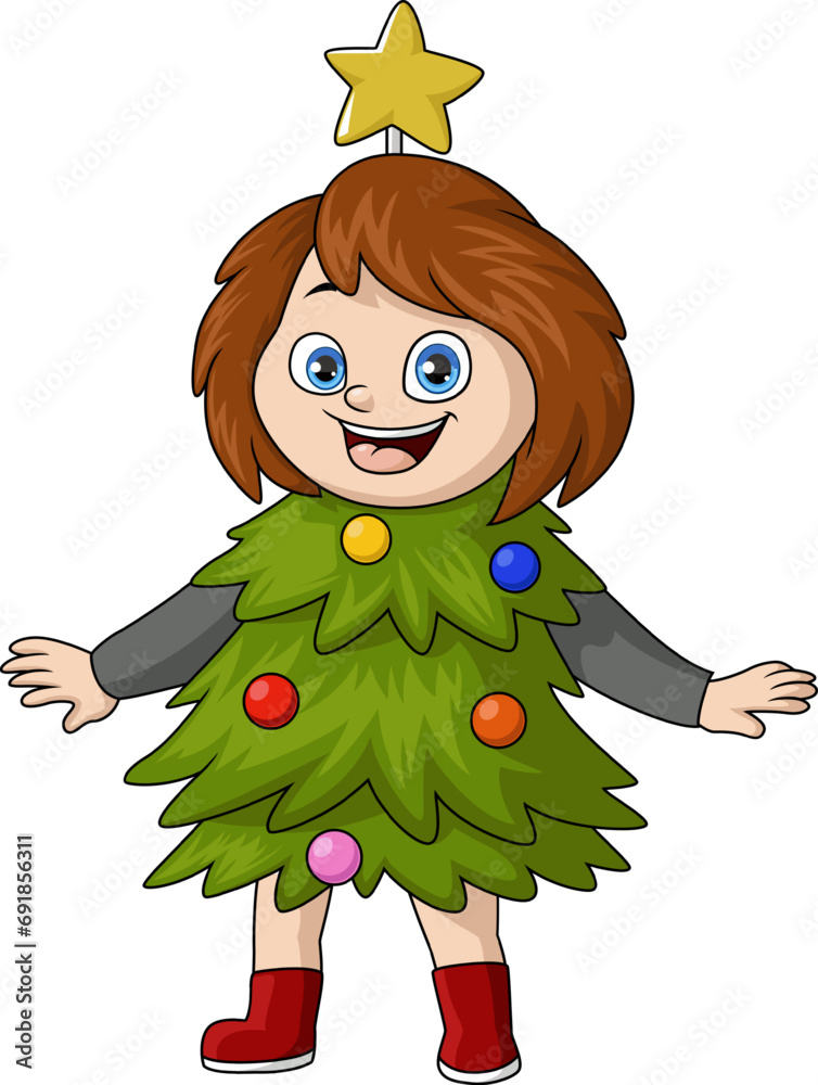 Cute little girl cartoon wearing christmas tree costume Stock Vector