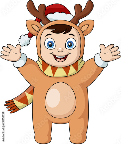 Cute little boy cartoon wearing reindeer costume