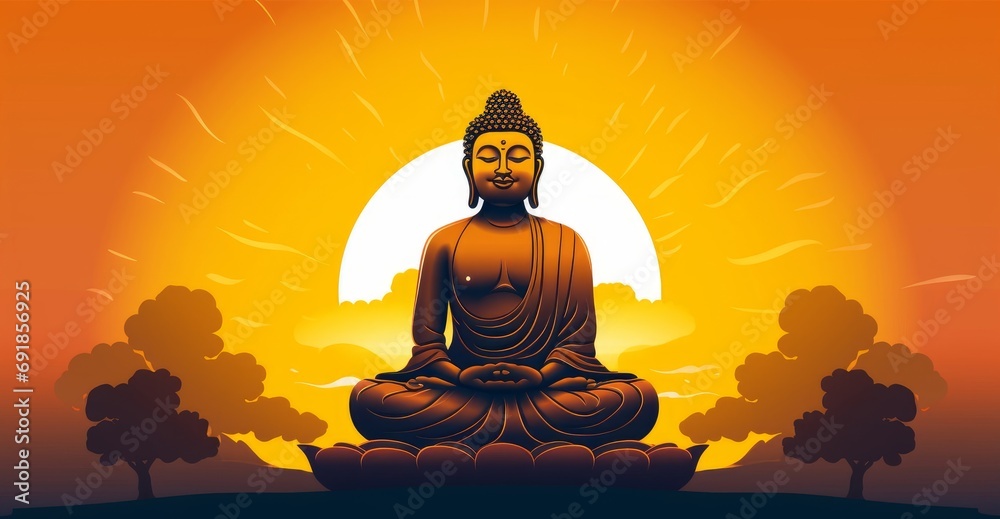 Happy Buddha Purnima, Gautam Buddha meditating, illustration for Vesak day or Buddha Purnima, Generative AI