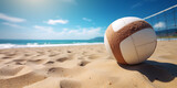 volleyballs and net on a beach sand court ,deserted beach with a lone beach ball ,Footvolley ball on sand. Professional sport concept. Tradition and culture in beaches ,Volleyball seen generative AI