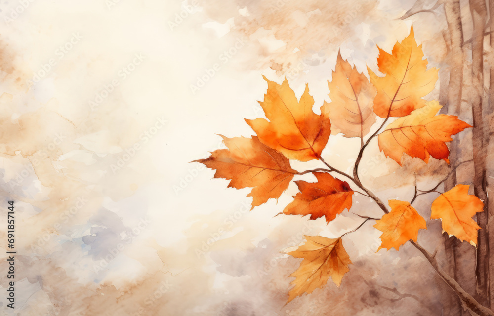 Watercolor illustration of orange autumn leaves with copy space