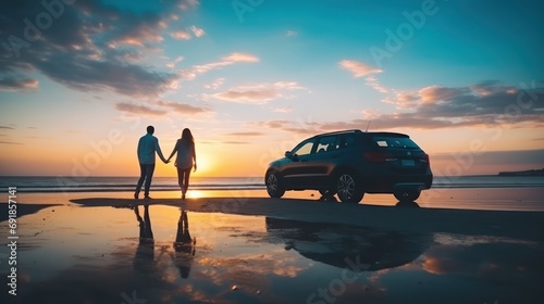 Family vacation holiday. Loving couple having fun on the beach in the sunset. Photo of a happy young family on a beach and a car on the side. Couple traveling by car.