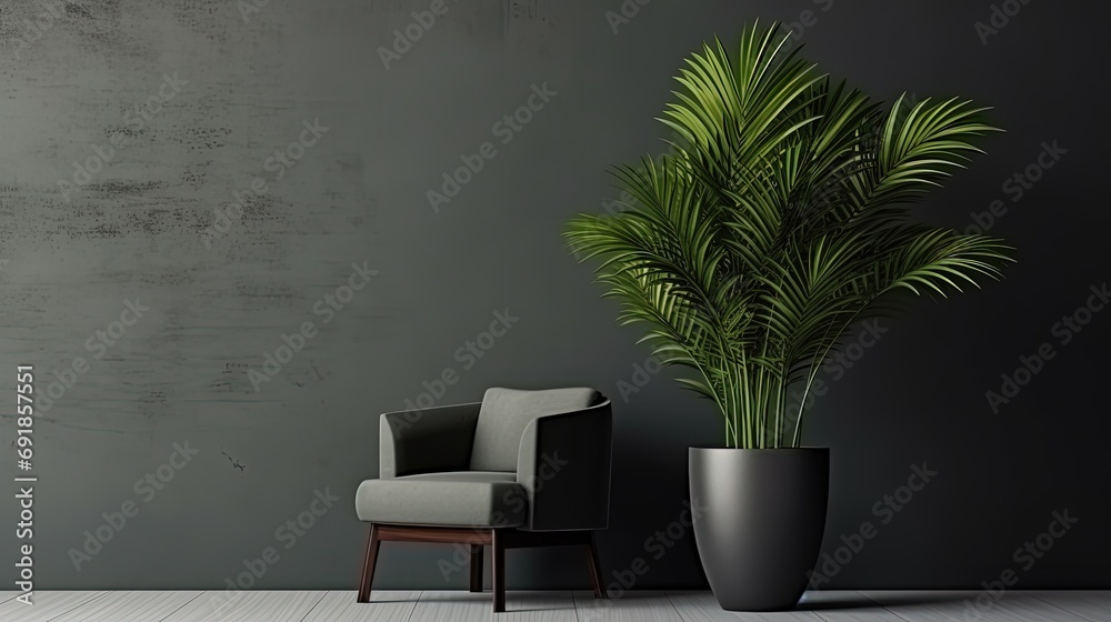 Dark green armchair and a big house plant in a big vase in modern home decoration. Part of the interior in a minimalist style against the background of a dark gray concrete wall. Dark green armchair and a big house plant in a big vase in modern home decoration. Part of the interior in a minimalist style against the background of a dark gray concrete wall.