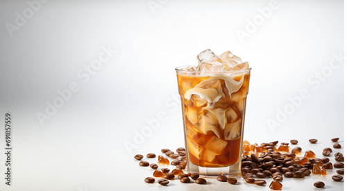Assorted iced coffee on white concrete background. Minimal composition with cold summer drinks: espresso tonic, ice moccachino and latte. Summer composition for coffee menu copy space photo