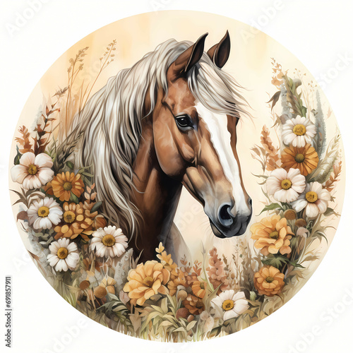 Circle Design Airbrush Art Draft Horse, a painting of a horse in a field of flowers. photo