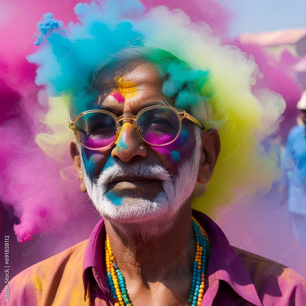 A man at the multicolored Holi festival in India A man at the multicolored Holi festival in India