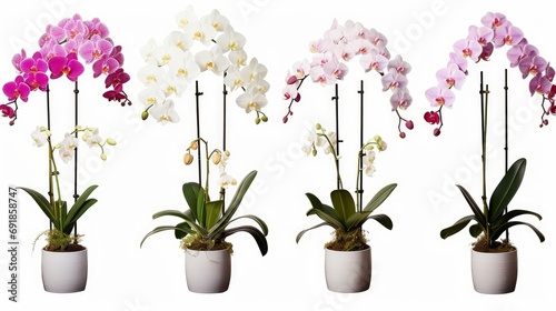 collection of flowering orchids in various pots isolated on a white background  Generative AI