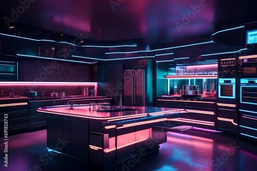 A retro-futuristic kitchen with vintage appliances juxtaposed with sleek, metallic surfaces and neon accents.