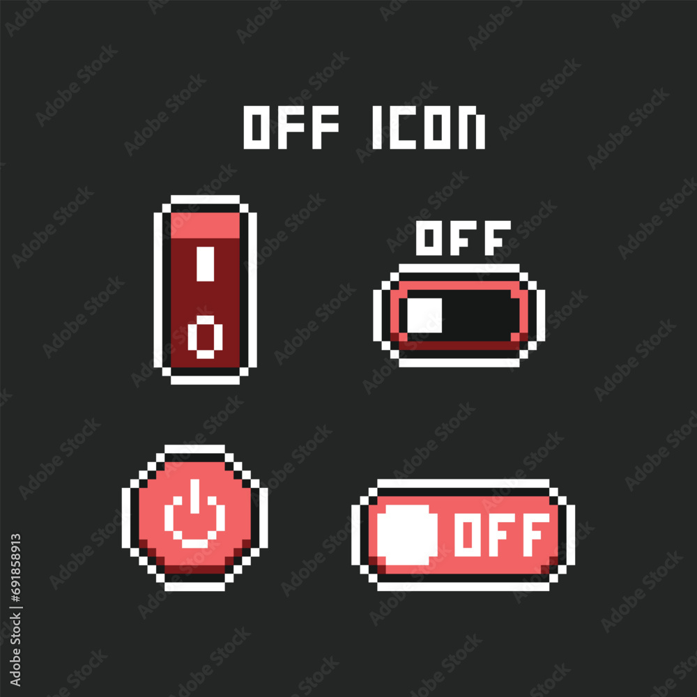 this is off button icon in pixel art with simple color and black background ,this item good for presentations,stickers, icons, t shirt design,game asset,logo and your project. this is off button icon in pixel art with simple color and black background ,this item good for presentations,stickers, icons, t shirt design,game asset,logo and your project.