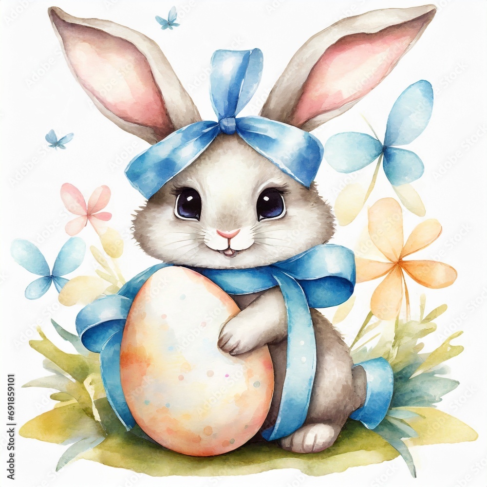 Obraz na plátně Watercolor illustration of cute easter bunny with egg