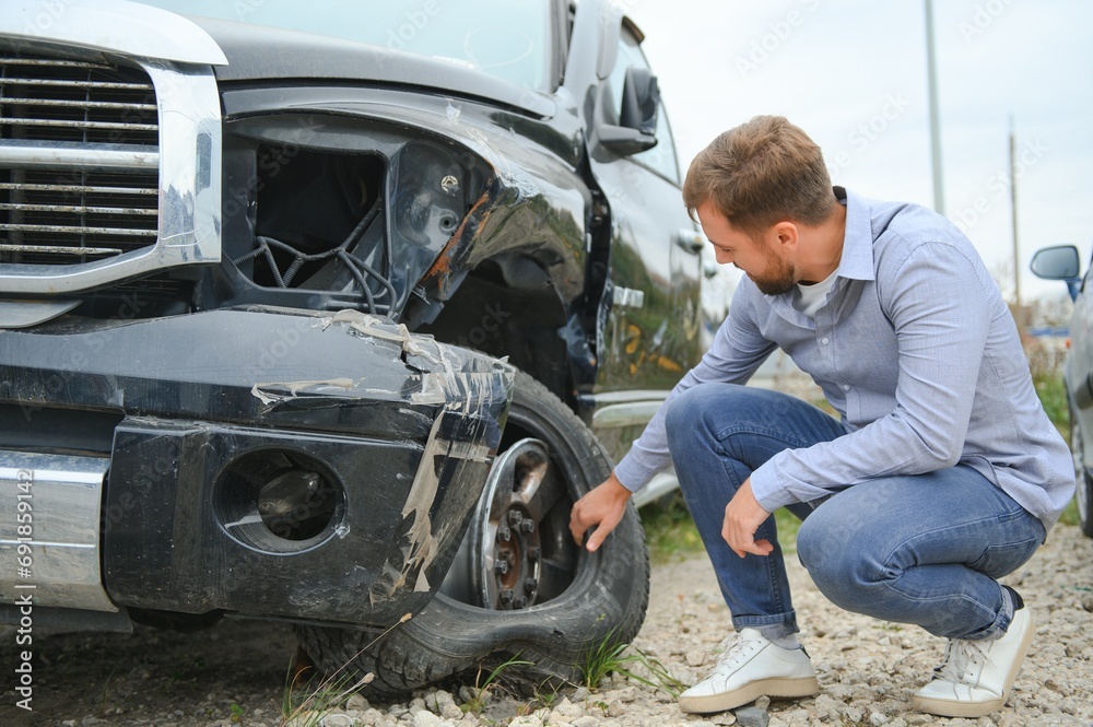Car accident. Man after car accident. Man regrets damage caused during car wreck Car accident. Man after car accident. Man regrets damage caused during car wreck
