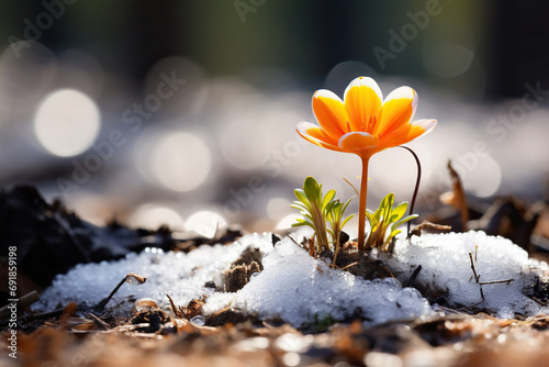 Spring snowdrops flowers orange crocuses in the snow on a bokeh background with space for text. Generated by artificial intelligence