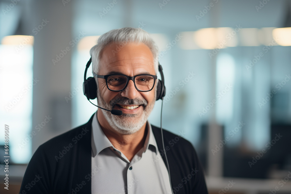 Call center agent with headset working on support hotline in office. Portrait of senior smiling agent in conversation with customer. Call center agent with headset working on support hotline in office. Portrait of senior smiling agent in conversation with customer.