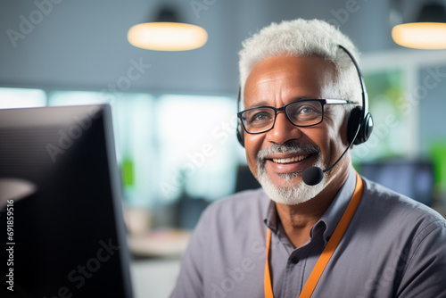 Call center agent with headset working on support hotline in office. Portrait of senior smiling agent in conversation with customer. photo