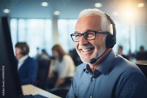 Call center agent with headset working on support hotline in office. Portrait of senior smiling agent in conversation with customer. photo