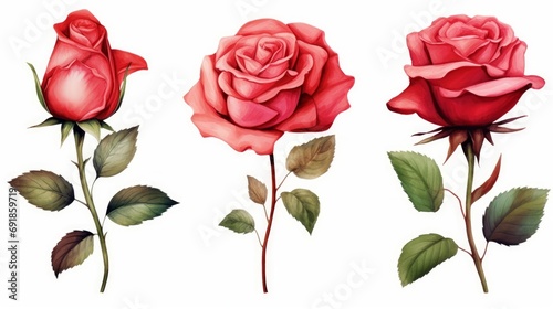 set red rose, beautiful flower on an isolated white background, watercolor illustration, botanical painting, Generative AI