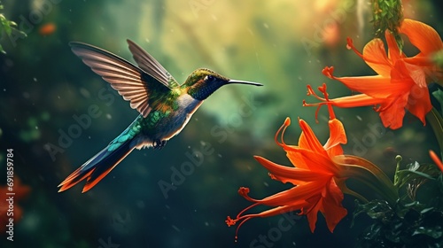 Create an enchanting depiction of a Long-tailed Sylph Hummingbird in flight near an orange flower in a vibrant tropical jungle. 