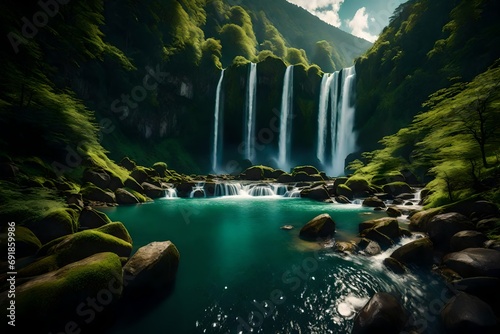 A panoramic vista capturing the beauty of cascading waterfalls against a backdrop of vibrant, green mountainous terrain. © LOVE ALLAH LOVE