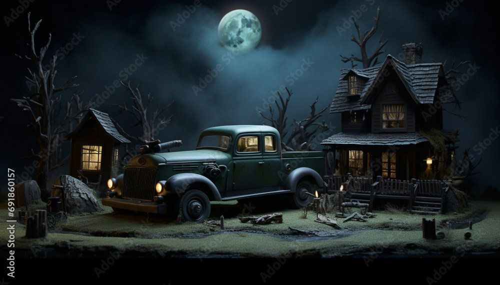 Create a spooky monster truck with a haunted house or graveyard theme. Add ghostly figures, tombstones, and eerie lighting effects to give it a haunted and mysterious