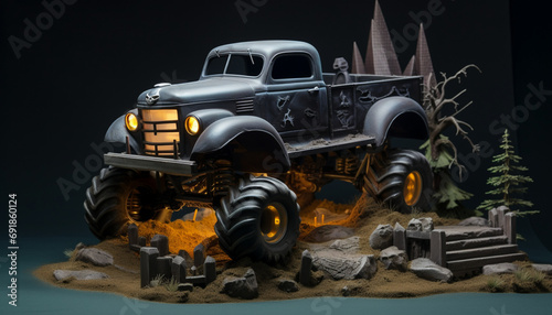 Create a spooky monster truck with a haunted house or graveyard theme. Add ghostly figures, tombstones, and eerie lighting effects to give it a haunted and mysterious