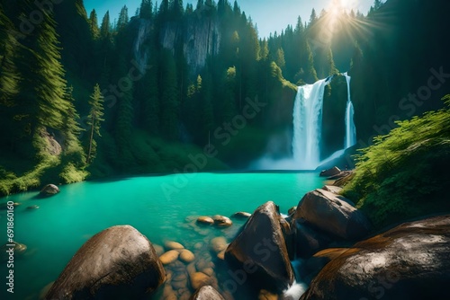 A breathtaking vista of a cascading waterfall amid dense, emerald peaks beneath a clear azure sky.