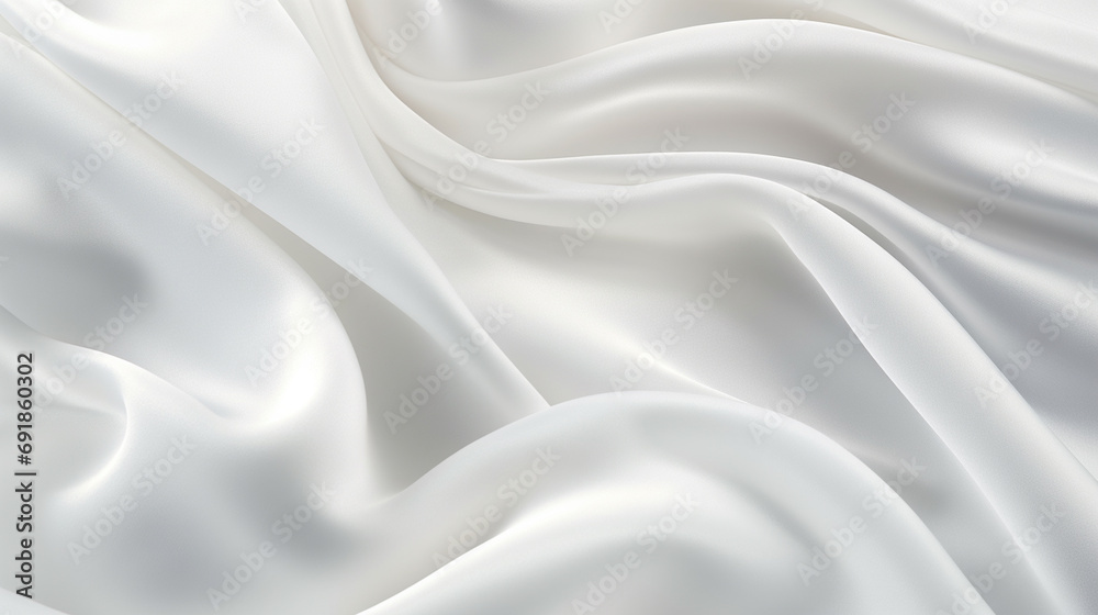 Closeup view of luxurious white silk fabric with elegant ripples, creating a sophisticated wedding background.