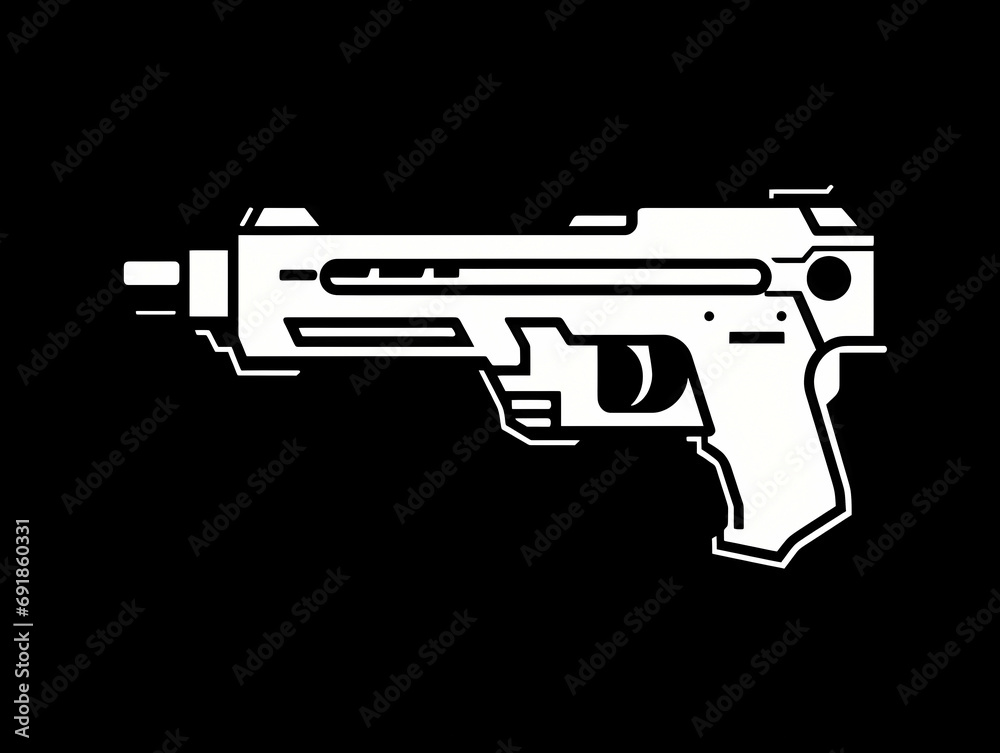 Blaster Gun Laser Tag Gun Silhouette Flat Black Logo, a white gun with a black background.