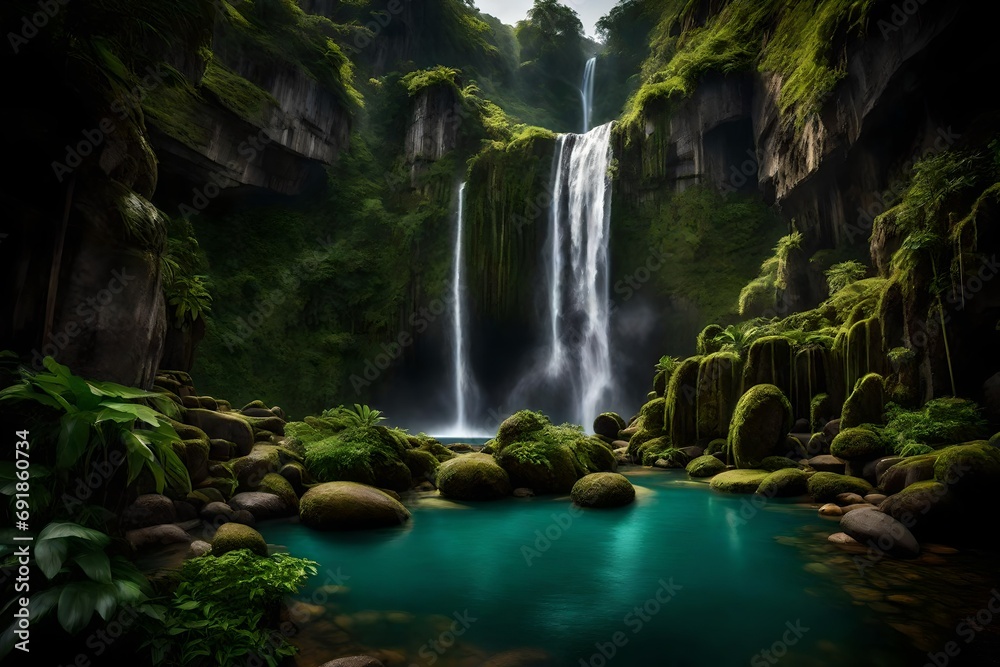 A majestic, cascading waterfall framed by lush greenery and dramatic cliffs in a secluded paradise. - obrazy, fototapety, plakaty 