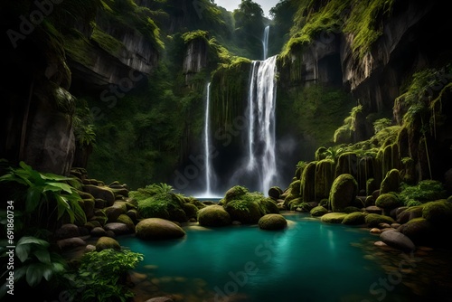 A majestic, cascading waterfall framed by lush greenery and dramatic cliffs in a secluded paradise. © LOVE ALLAH LOVE
