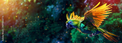 Colorful parrot flies in the jungle gradient neon colors. Blue and Yellow Macaw Ara Ararauna South American parrot gradient fluffy feathers cerulean golden yellow background Tropical photo