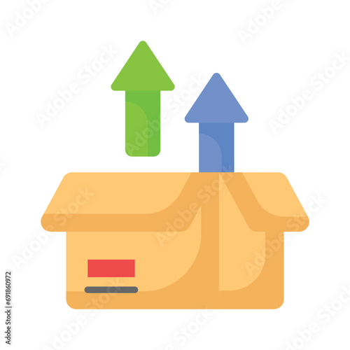 Open box with upward arrow, concept icon of unpacking parcel, unboxing