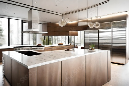 A contemporary kitchen with a mirrored backsplash, creating an illusion of space and reflecting natural light.