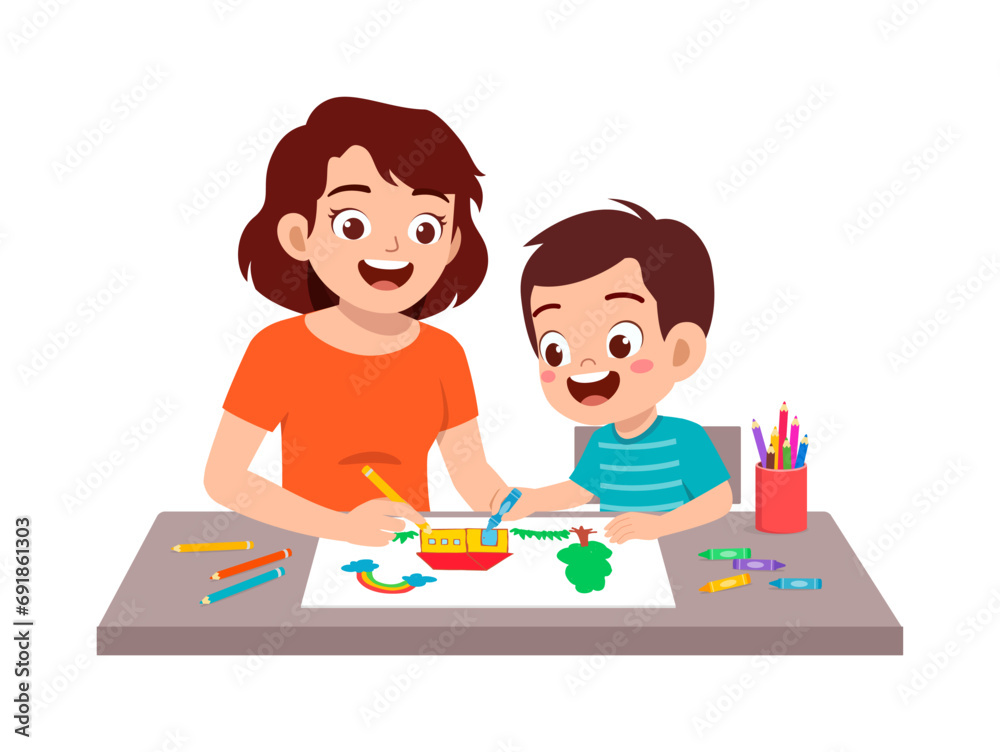 little kid drawing using crayon with mother little kid drawing using crayon with mother