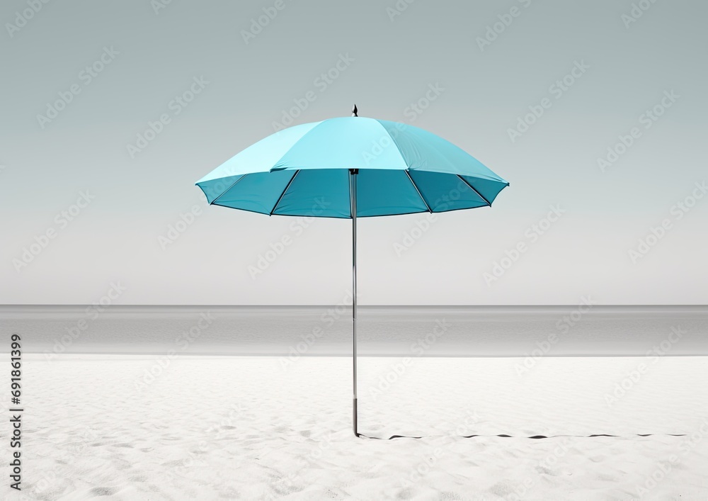 A minimalist photograph of a light blue umbrella against a white sandy beach. The camera angle is a