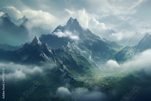 Green valley and Mountains on a cloudy day, dark contrasts and rough terrain, beautiful nature