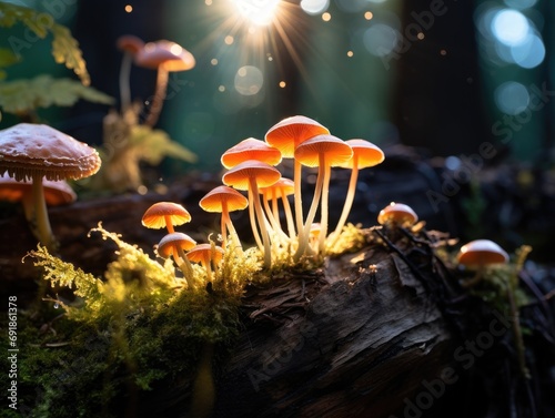 Mushrooms in the forest with sunlight shining on them. Generative AI.