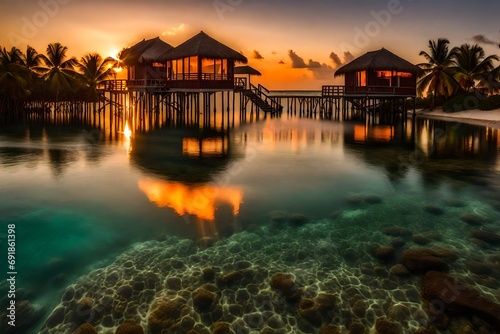 Maldives. Villa on piles on water at the time sunset © Muhammad