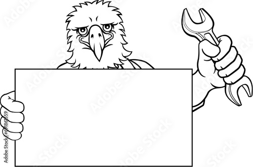 An eagle handyman, mechanic, plumber or other construction cartoon mascot man holding a wrench or spanner tool.