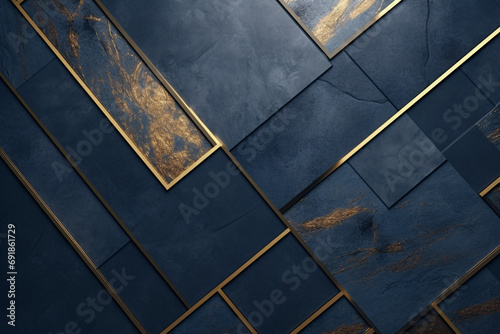Luxurious aged geometric patterns in blue and gold, abstract background wallpaper