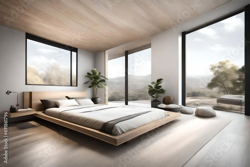 A minimalist bedroom featuring a sleek platform bed, clean lines, and neutral colors that create a serene atmosphere.