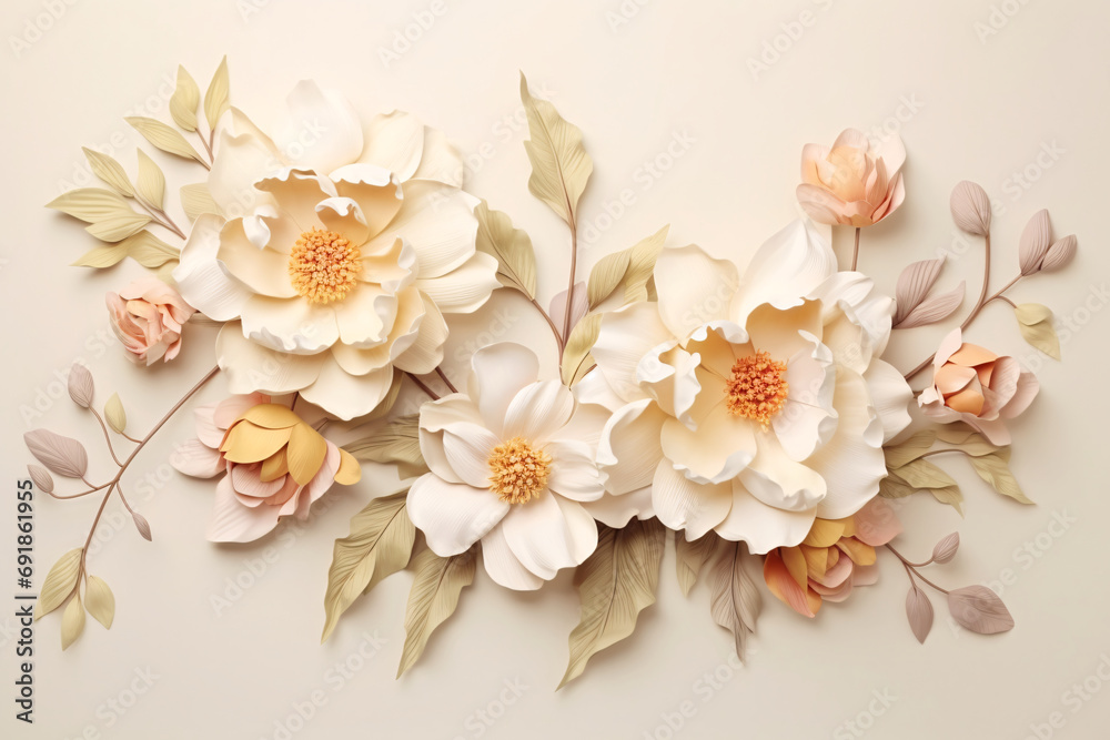 3D rendering of beautiful flowers on a beige background 3D rendering of beautiful flowers on a beige background