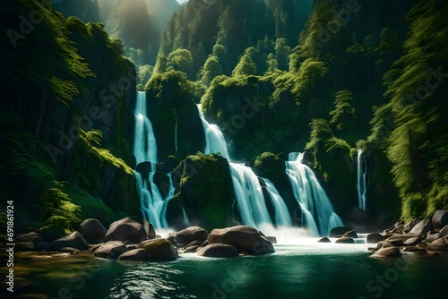 A picturesque view of cascading waterfalls harmonizing with the vibrant  verdant slopes of the mountains.