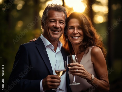 A man and woman holding wine glasses in front of a sunset. Generative AI.
