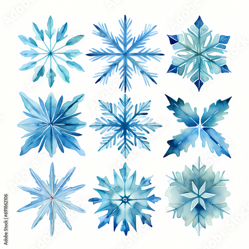 Flat Blue Watercolor On White Background Snowflake, a group of blue snowflakes.