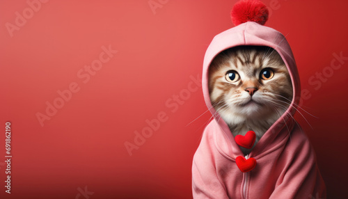 Stylish funny cat wearing fashion pink hoodie on red pink background photo