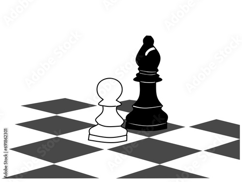 The white pawn and black bishop face each other and must not touch each other. Illustration of two people who have different opinions but cannot bring each other down