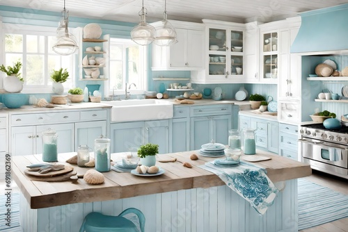 A coastal-themed kitchen with sea-blue accents, seashell decor, and whitewashed cabinets evoking a beach house vibe. photo