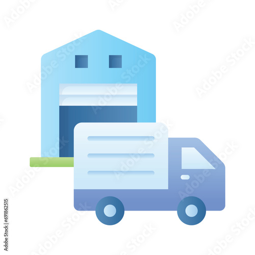 Delivery van front of warehouse showing concept icon of logistics delivery, order fulfillment vector design
